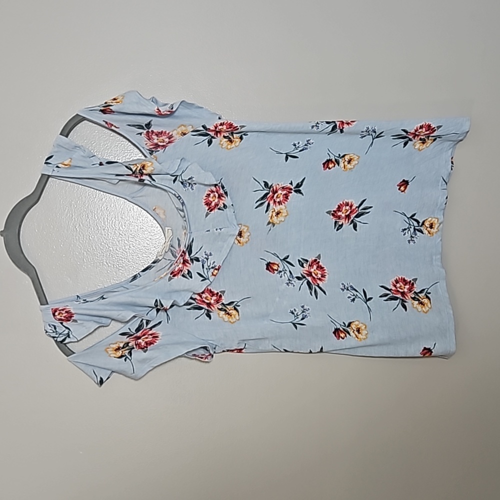 No Comment Lightweight Ruffle Floral Cold Shoulder Top Sz Medium